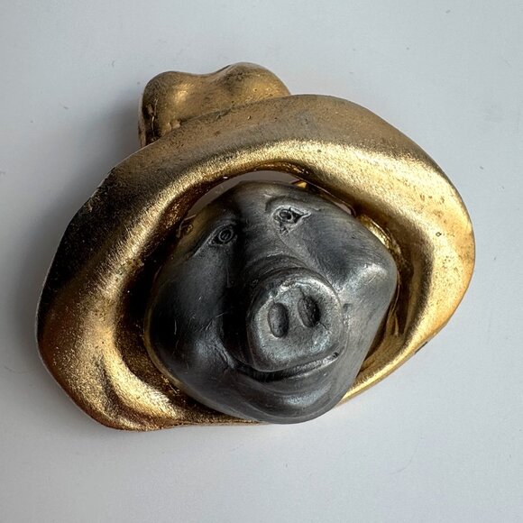 Vintage Pig Brooch Mixed Metals Gold and Silver Tone Ultra Craft Whimsical - Picture 1 of 8